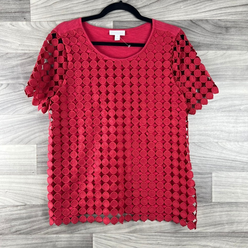 Charter Club Blouse Womens M Pink Short Sleeve Crochet Lined Pullover Round Neck